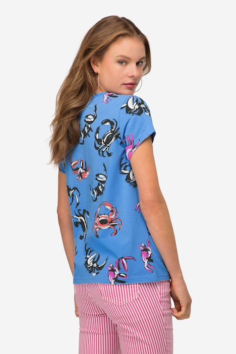 T-Shirt, Krabben Print, V-Ausschnitt, Halbarm
