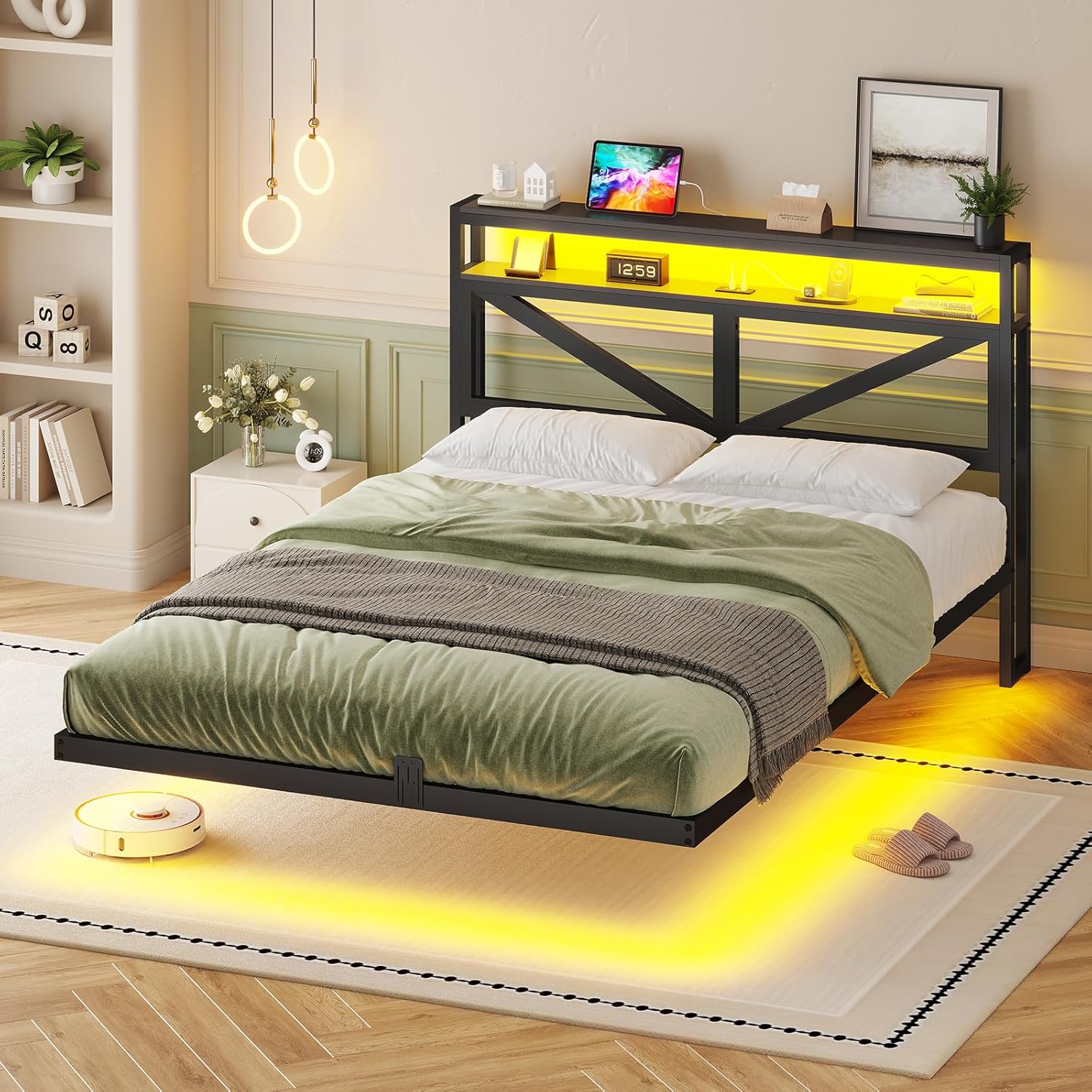 AOGLLATI Schwebendes Bettgestell 140×200 mit LED-Beleuchtung und Ladestation Floating Bed Frame mit Staukopfteil Metallbett mit Lattenrost aus Metall Gästebett Doppelbett Jugendbett-ohne matratze