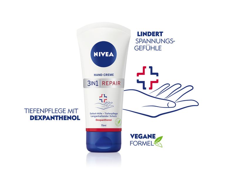 NIVEA Handcrème 3-in-1 Repair  75 ml Feuchtigkeitsspendende Handpflege gegen trockene und rissige Hände