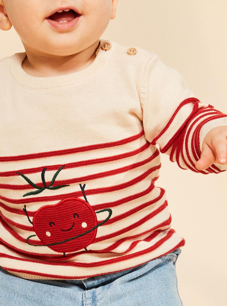 Pull marinière vanille et rouge en tricot tomate