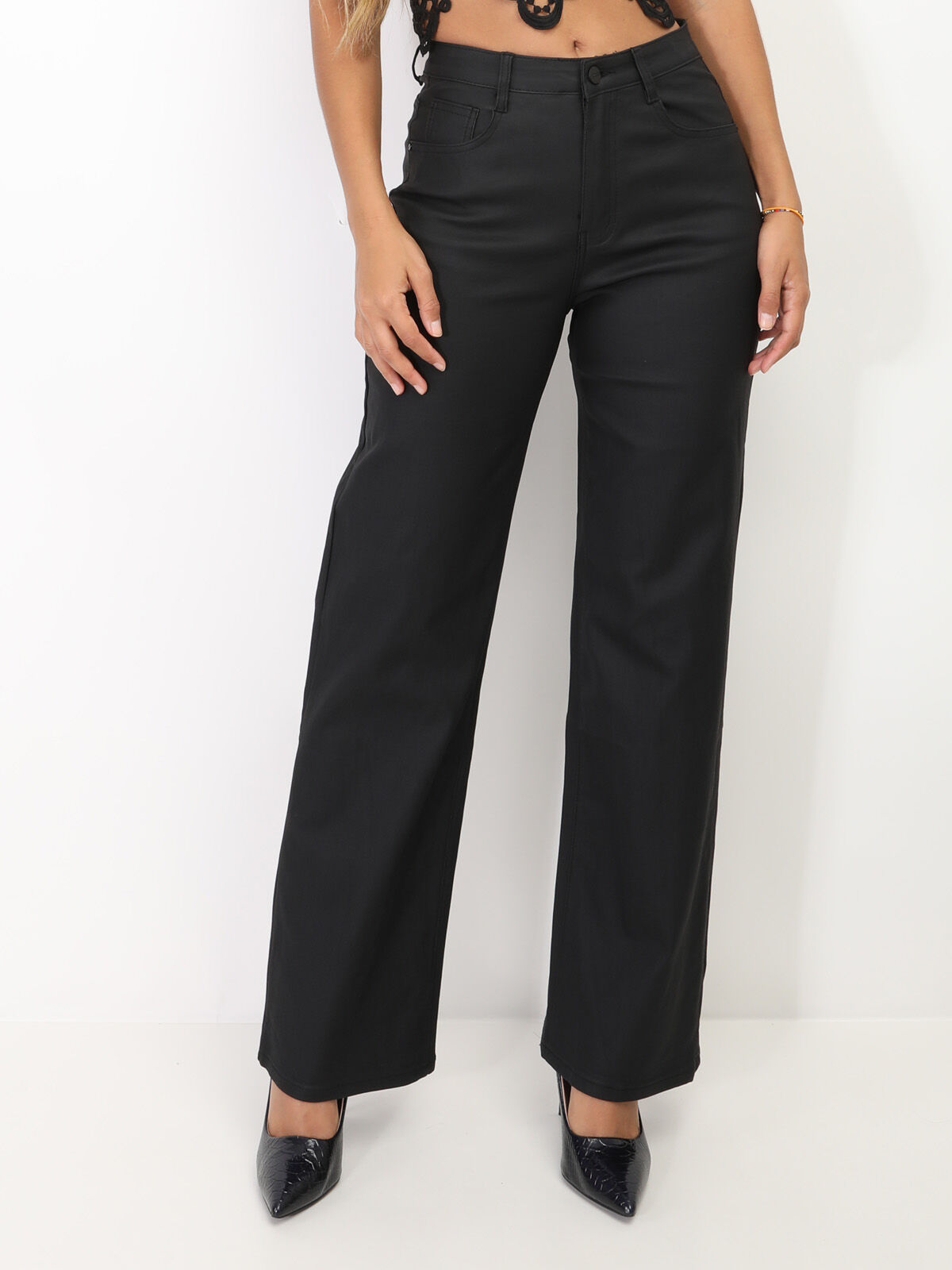 Pantalon droit enduit- Noir
