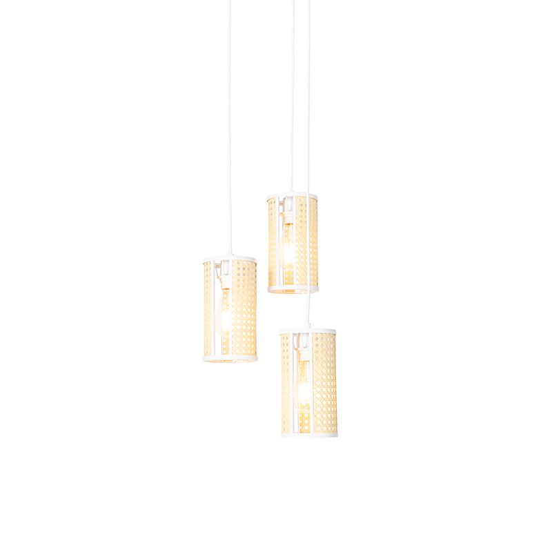 Oosterse hanglamp wit met rotan 3-lichts rond - Akira