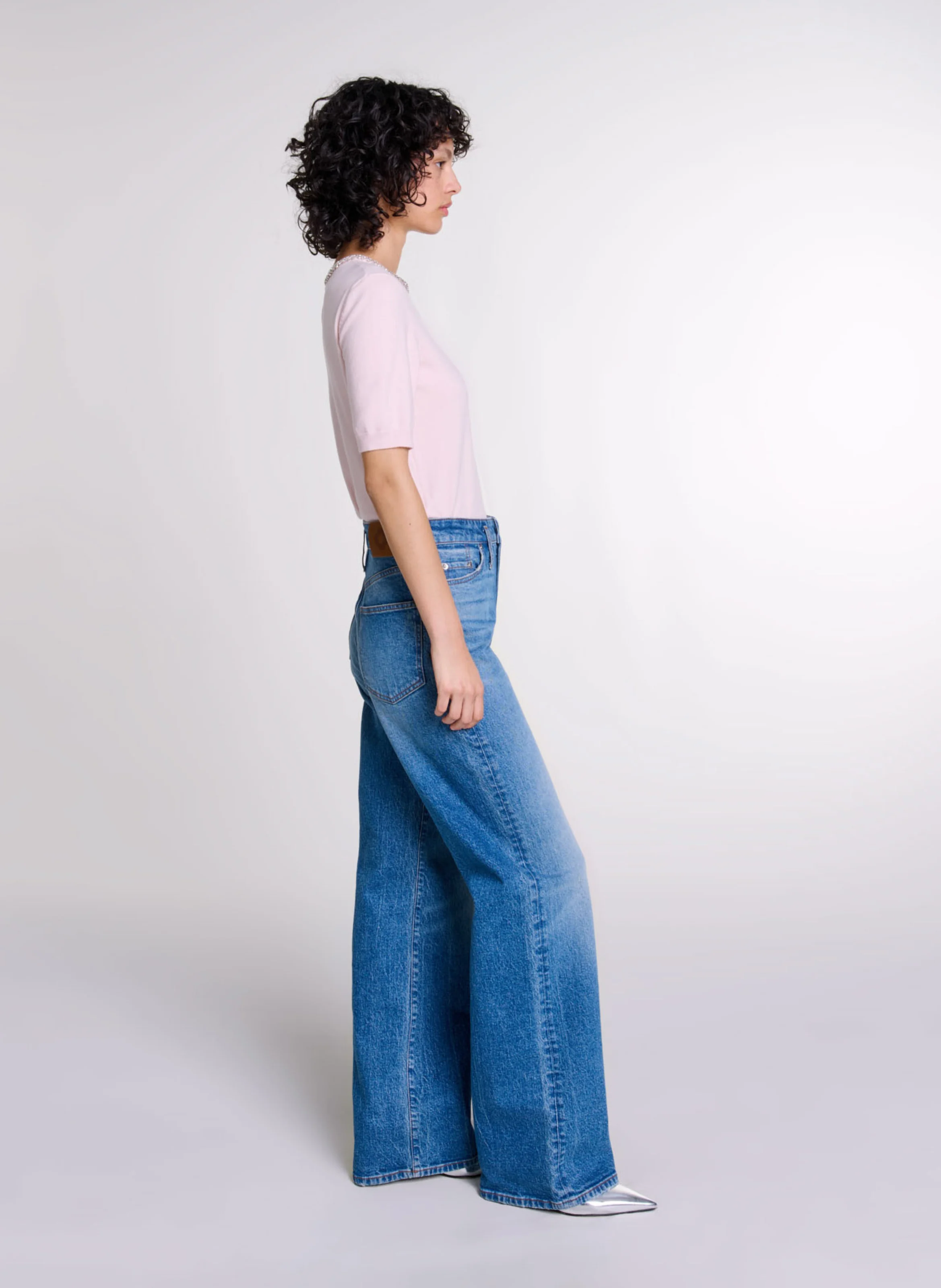 Top droit col rond à strass en laine mélangée | Rose