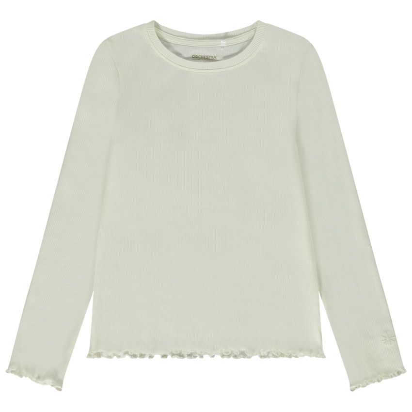 T-shirt manches longues côtelé avec fleur brodée pour fille - Ecru