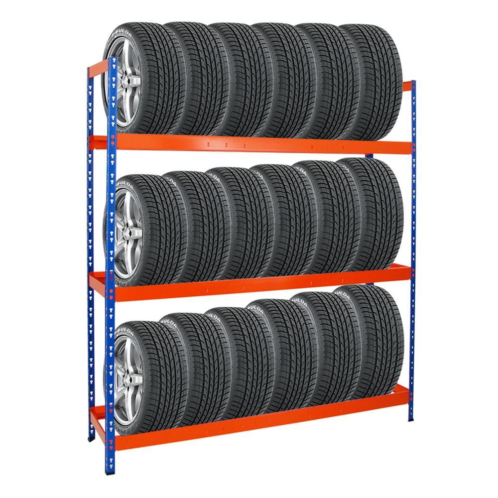 PROREGAL Tiger XL Bandenrek (H x B x D) 200 x 180 x 45 cm, tot 21 banden op 3 niveaus, Blauw/Oranje