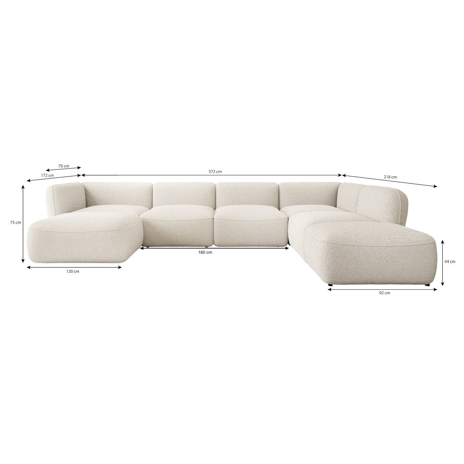 Caesar - Hoekbank 5-zits met chaise longue - Teddystof beige - Rechts - 372x218x75 cm