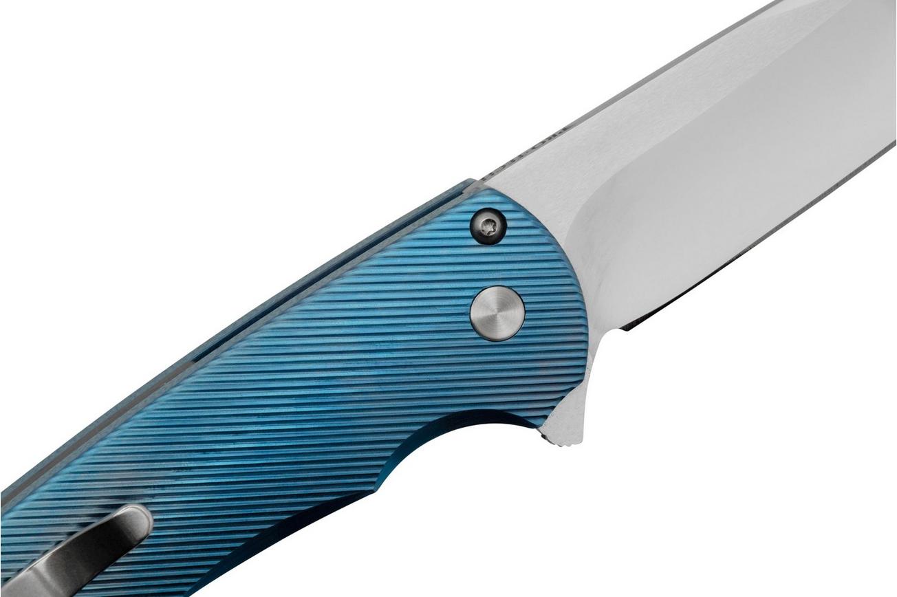 Pro-Tech Malibu Mike Irie Custom 2023, Blue Titanium handle, Gold Lip Pearl Button, Wharncliffe Blade, zakmes