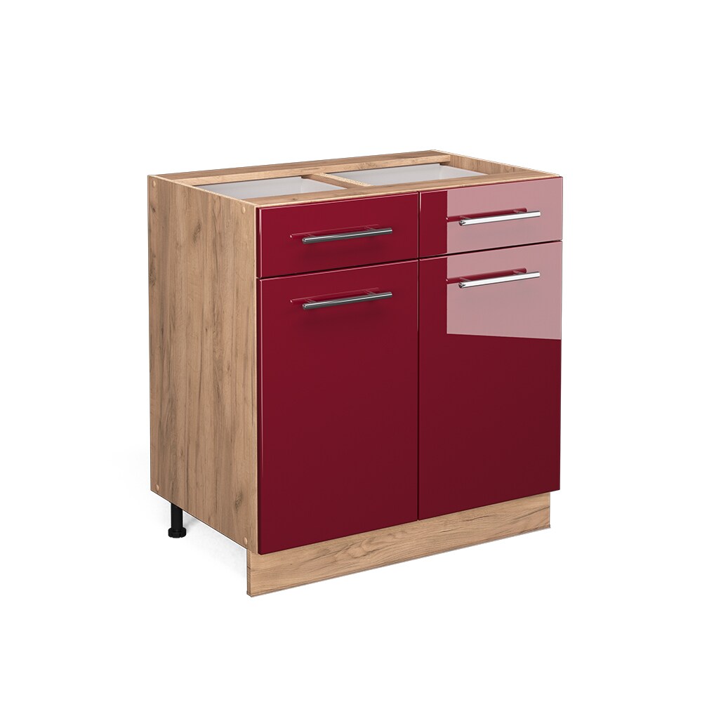 Vicco Schubunterschrank Küchenschrank Küchenmöbel Fame-Line Eiche Rot Bordeaux modern 80 cm Küche Einbauküche Drehtür Schublade Einlegeboden Blende Küchenzeile Hochglanz