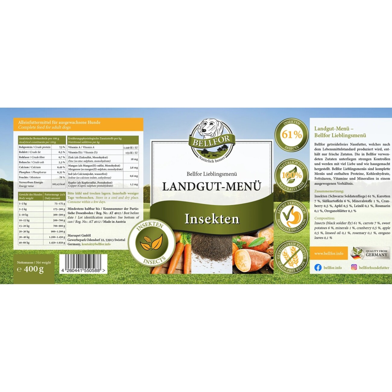 Bellfor Hundefutter Nass mit Insekten Landgut-Menü - 400g