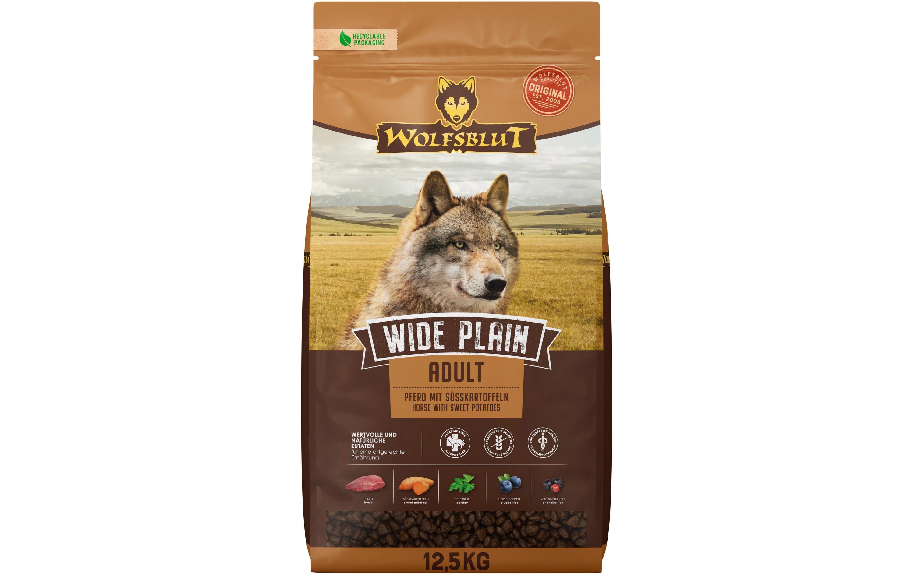 Trockenfutter Dog Wide Plain Adult, 12.5 kgMit Pferd und Süsskartoffel