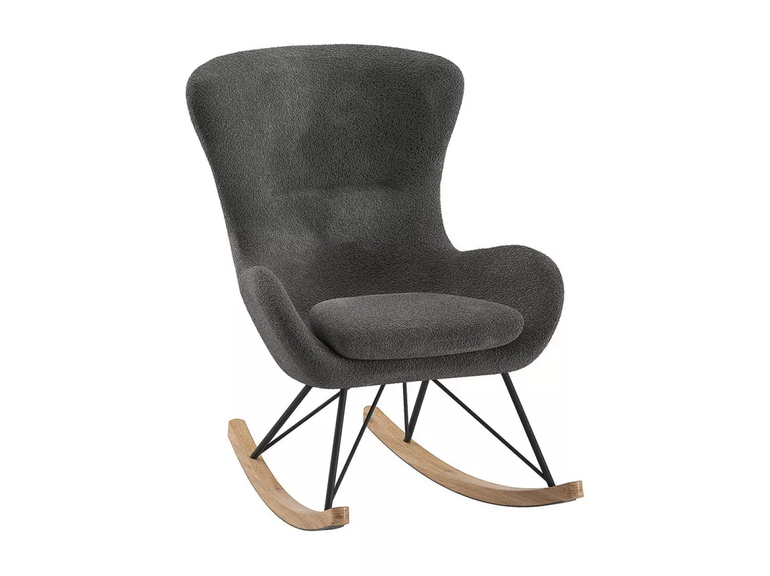 MOUTY - Chaise à Bascule en Tissu Bouclette Gris Pieds Bois et Métal