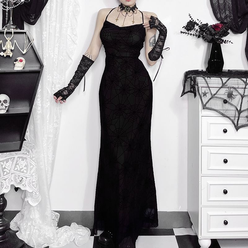 meadowdrop - Halter coltrui met spinnenwebprint en open rug van mesh, maxi-zeemeerminjurk