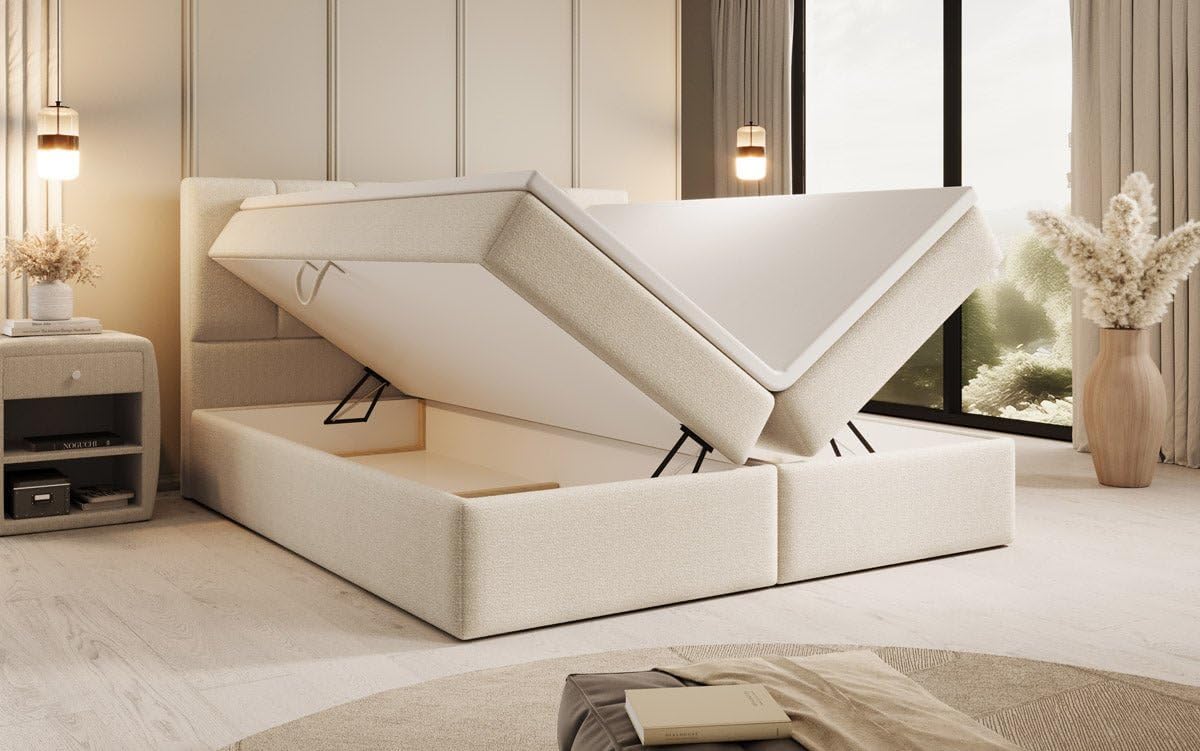 Luxusbetten24 Boxspringbett Aurelia Bouclé 180x200 mit Stauraum | Bezug: Bouclé | Farbe: Beige | Härtegrad: