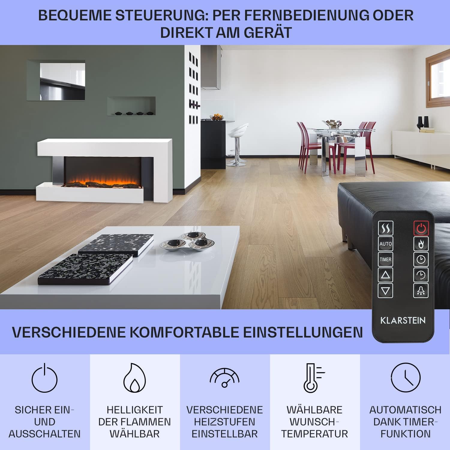 Klarstein Studio Light & Fire 2 - Elektrokamin mit LED-Flammenillusion, Elektro Kamin mit Timer-Funktion und Thermostat, 1000/2000W, MDF-Gehäuse, inkl. Fernbedienung, Ambient Down Light, weiß