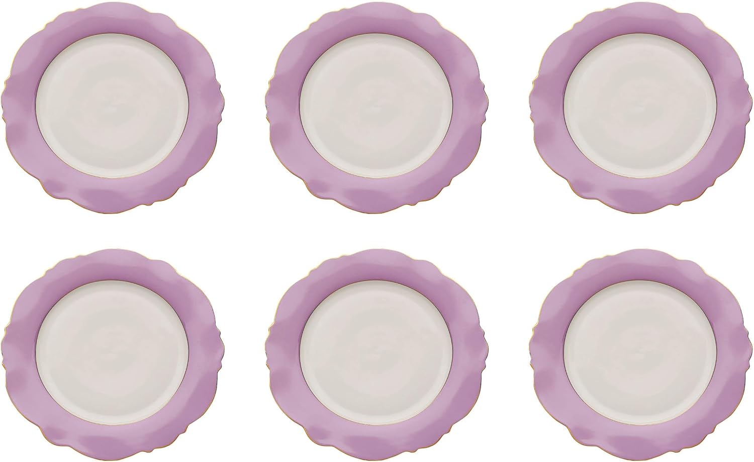 Kare Design Teller Harlequin, Geschirr-Set, 6-teilig, Lila, 27cm Durchmesser, Handgearbeitet, Essteller-Set aus Porzellan mit Goldrand
