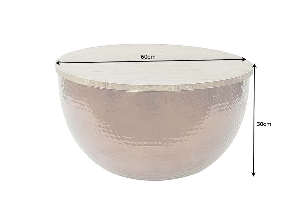 Runder Couchtisch ORIENT STORAGE 60cm kupfer Hammerschlag handmade Akazienholz mit Stauraum