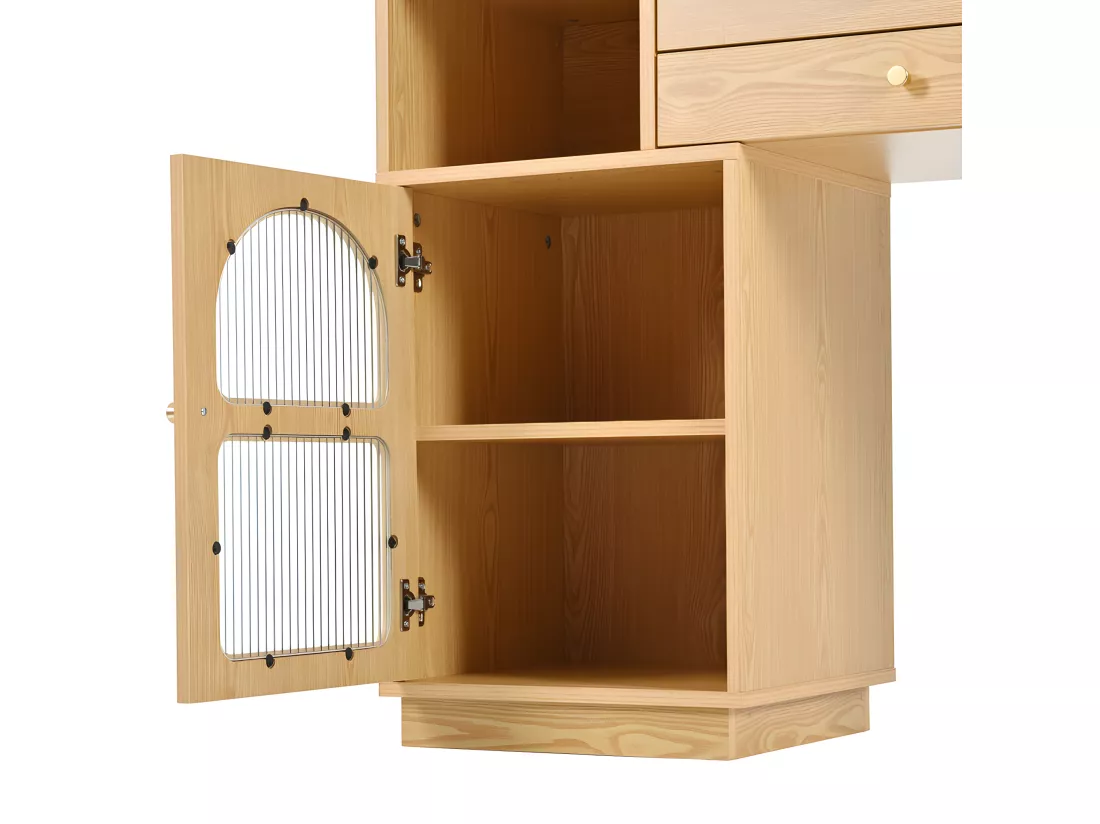 Coiffeuse avec miroir et éclairage LED - 3 tiroirs et une armoire latérale - Naturel (tabouret non inclus)