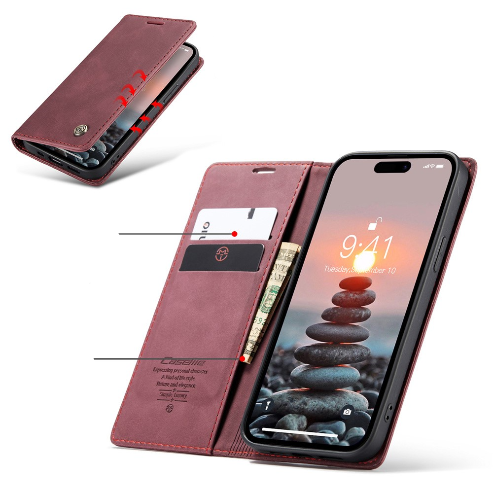 iPhone 15 Pro Max Leder Tasche Flip Wallet Etui mit Kartenfächern - Rot