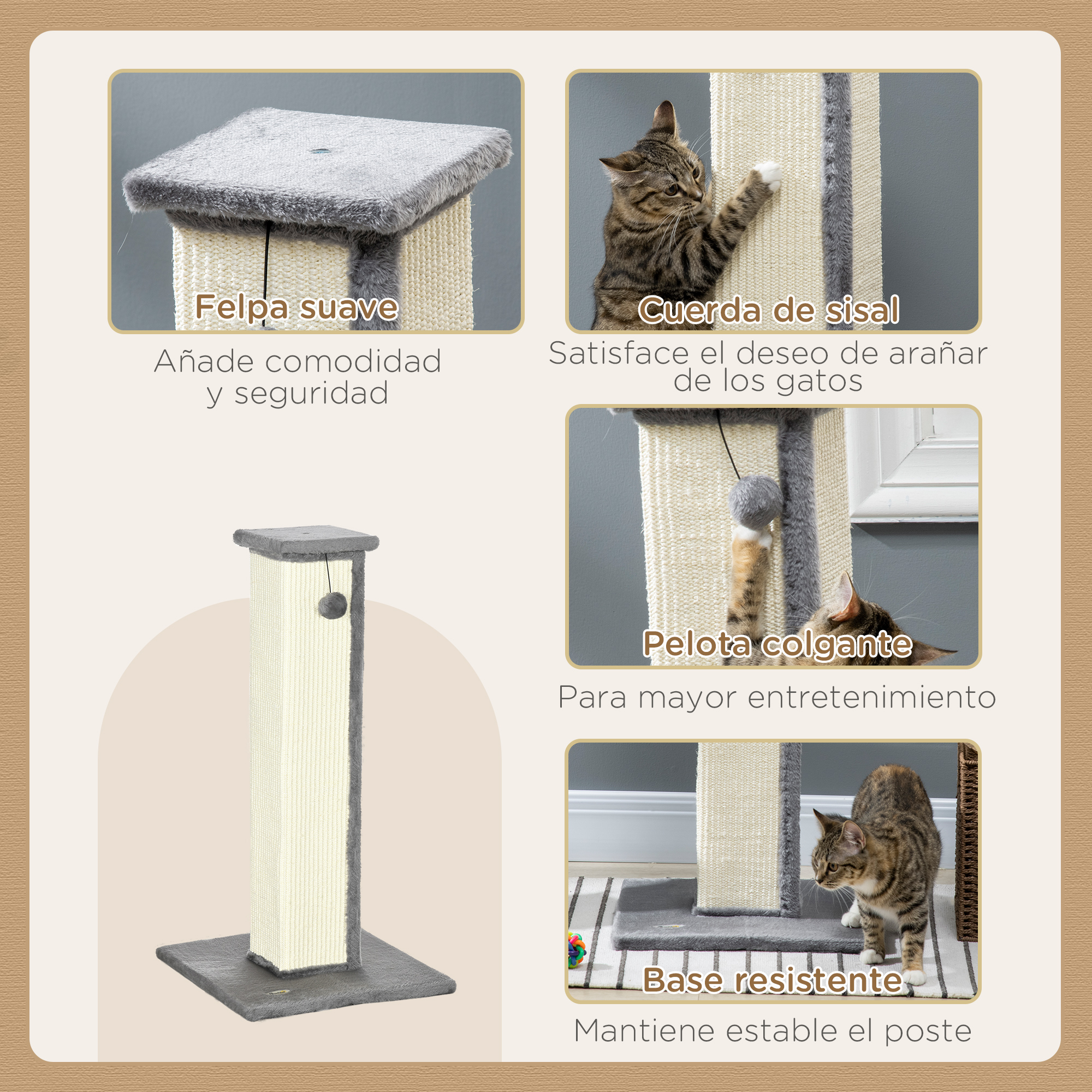 Arranhador para Gatos PawHut, 81 cm de Altura, com Poste de Sisal e Bola Pendurada, 41x41x81 cm, Cinza
