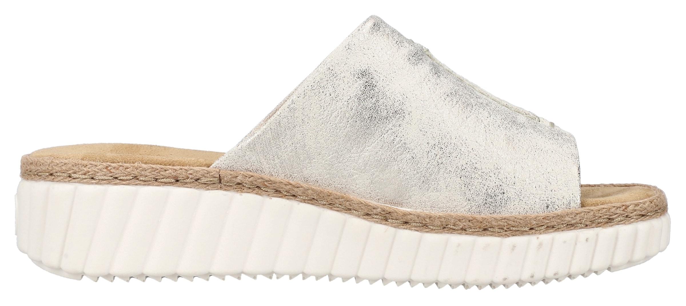 Rieker Pantolette  , Keilabsatz, Sommerschuh, Schlappen mit Juterahmen an der Laufsohle