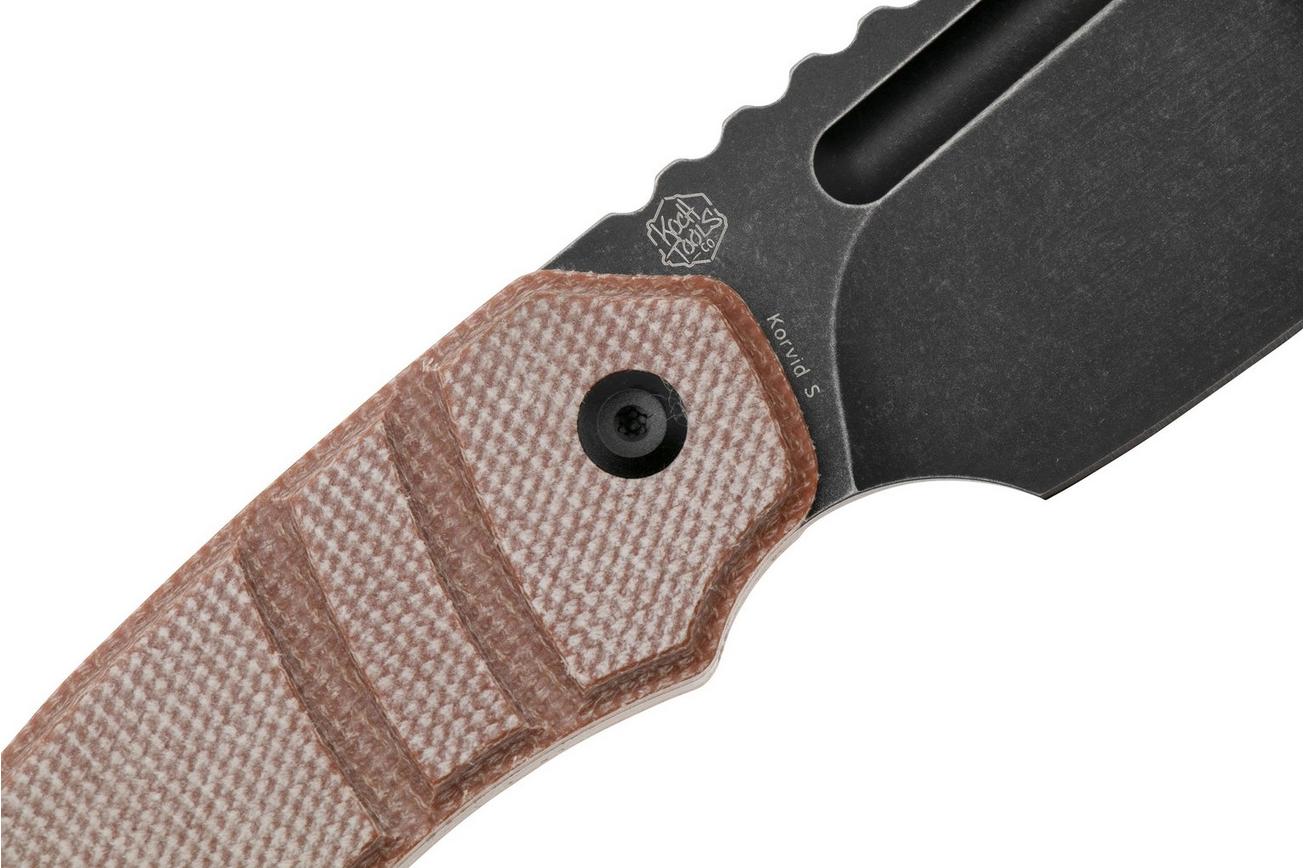 Kansept Korvid S G2030A4 Blackwashed 14C28N, Brown Micarta, vaststaand mes, Justin Koch design