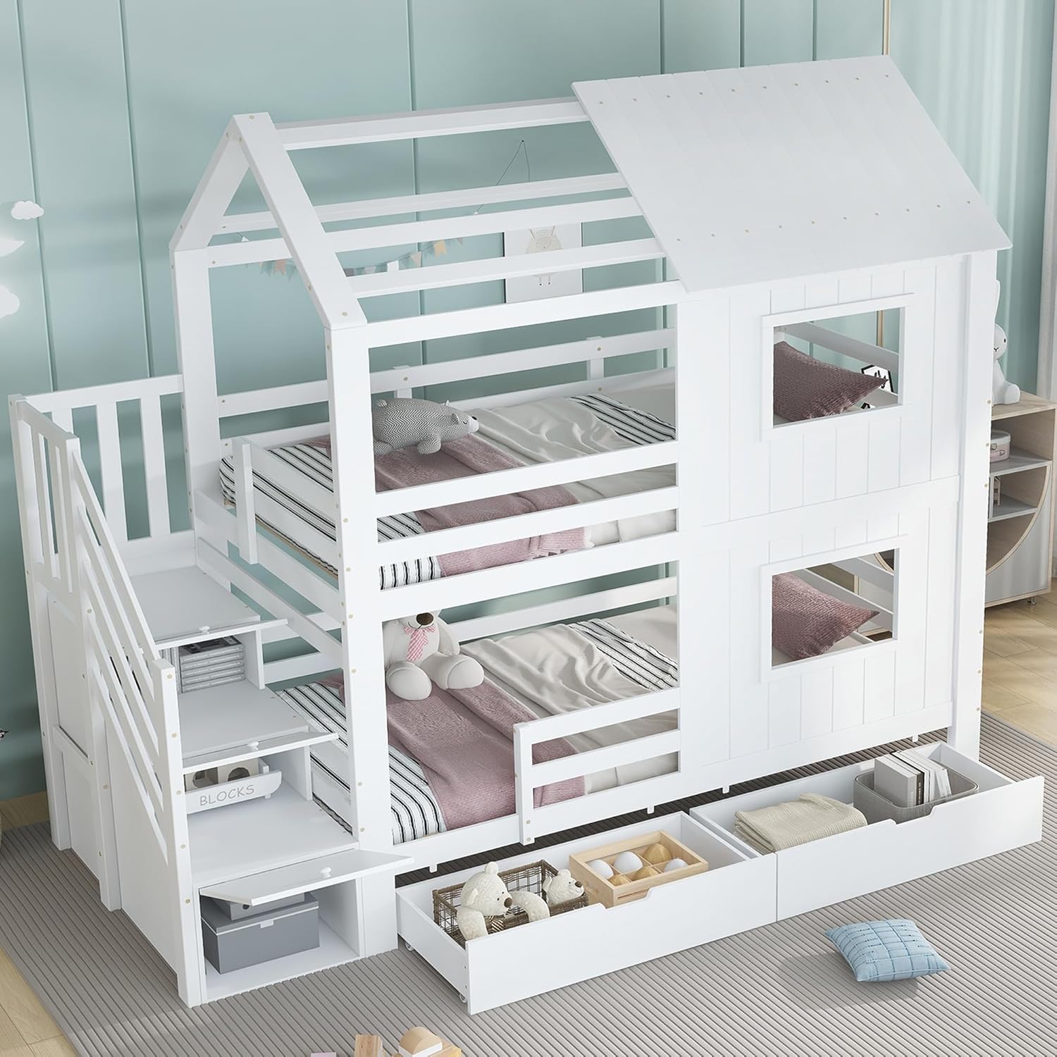 Kinderbett 90x200 cm für 2 Kinder, Etagenbett mit Stauraumtreppe, Hausbett mit Fenster und Dach, Stockbett mit 2 Schubladen, Holzbett mit Lattenrost, Weiß, ohne Matratze