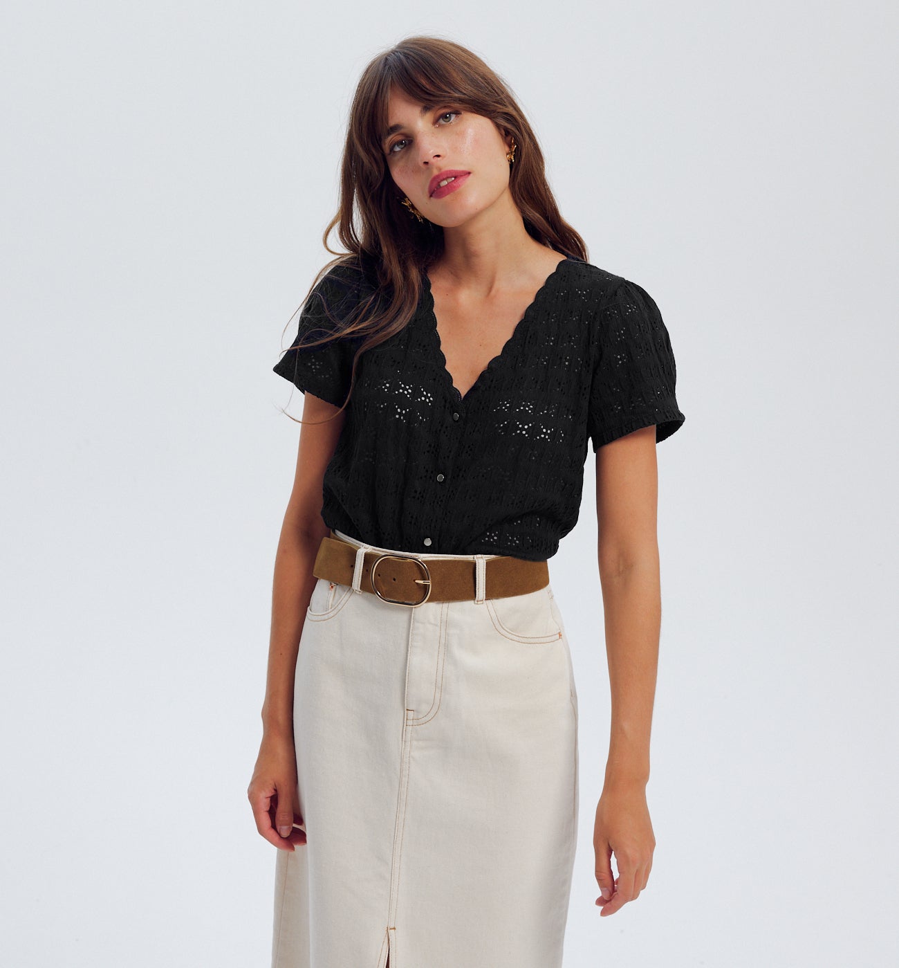 Top ajouré uni Femme - Noir
