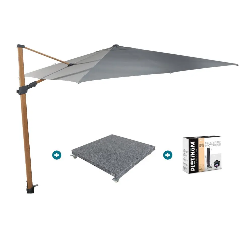 4-Seasons zweefparasol Siesta Premium 3x3 m. - woodlook/charcoal   voet en hoes