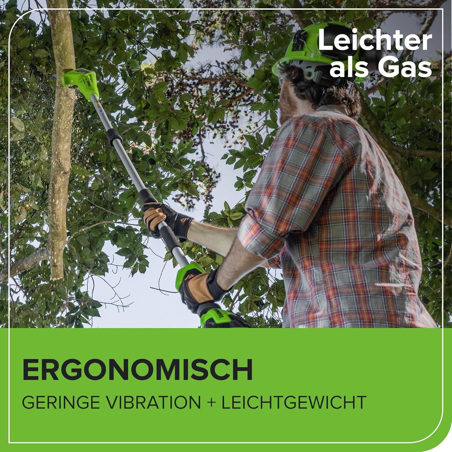 Greenworks G40PSFK2 Akku Hochentaster,20 cm Blattlänge, 8 m/s Kettengeschwindigkeit, 3,64 kg, automatisches Öl-System, 80 ml Öltank, 2.58m Stangenreichweite, 40V 2Ah Akku & Ladegerät, 3 Jahre Garantie