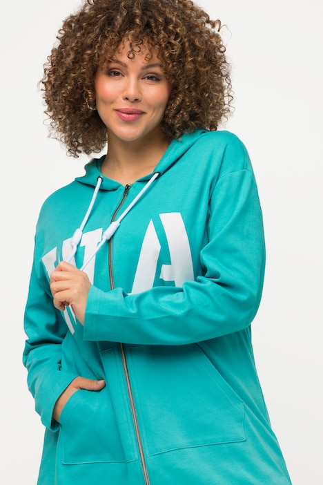 Long-Sweatjacke, Schriftmotiv, Kapuze, Knotenband