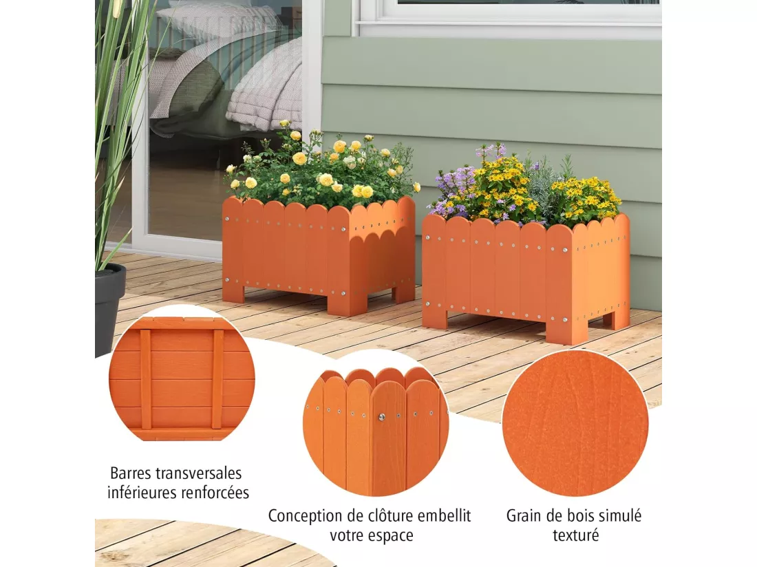 Lot de 2 Jardinière Rectangulaires en HDPE Résistant aux Intempéries, Lit de Jardin Surélevé avec Trous de Drainage pour Culture Fruits Légumes, pour Patio Balcon, 45x32x30cm (Orange)