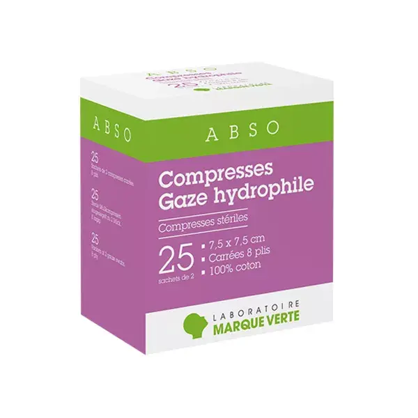 Compressas estéreis Green Brand, gaze hidrofílica, 7,5 cm x 7,5 cm, 25 x 2 compressas