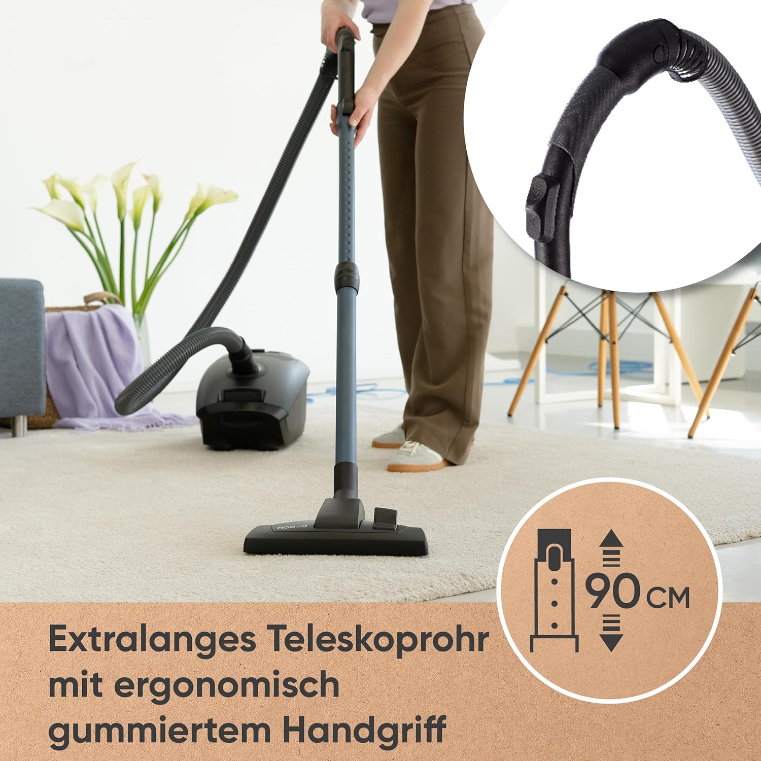 hoogo B3+ Graphit Staubsauger mit Beutel | Starke 850 W Saugleistung | HEPA 14 Filter | 11m Radius | nur 74 db(A) | 3 L Kapazität | Verschiedene Bodendüsen