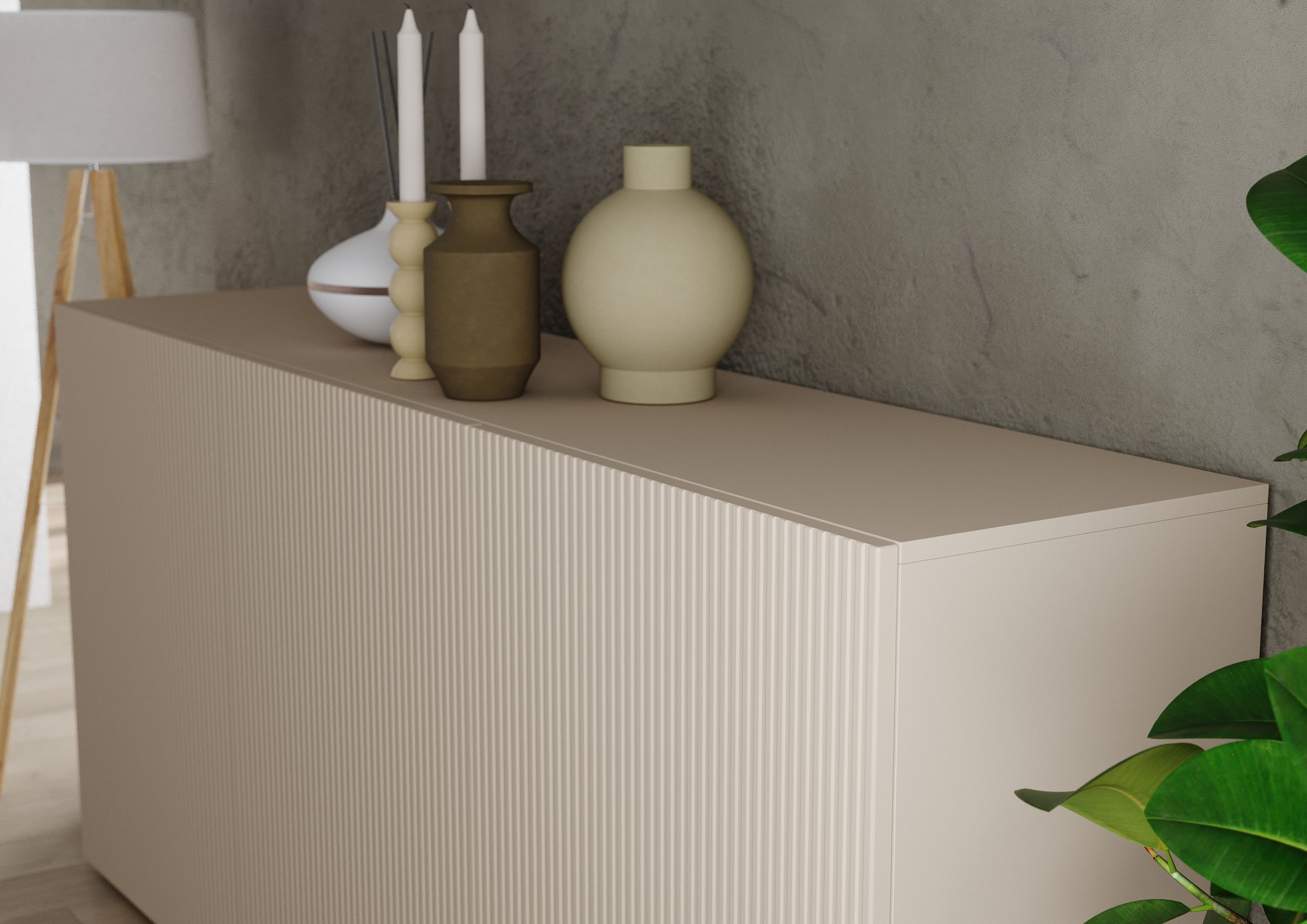 INOSIGN Sideboard »Rio Breite 181 cm, Kommode mit 3 Türen, Anrichte,« geriffelte MDF-Fronten, modern u. elegant, viel Stauraum