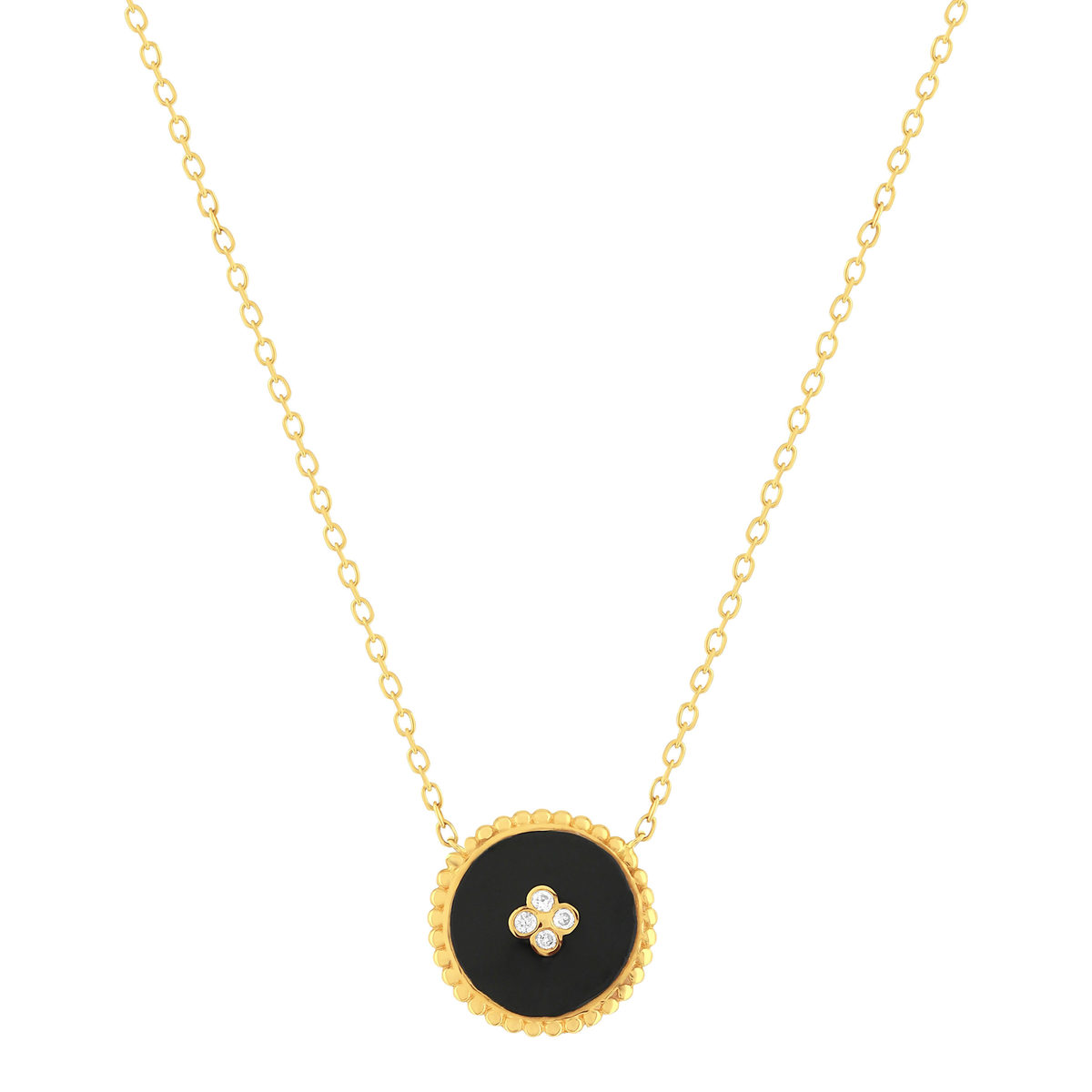 Collier or 375 jaune résine noire et 4 zirconias 43 cm