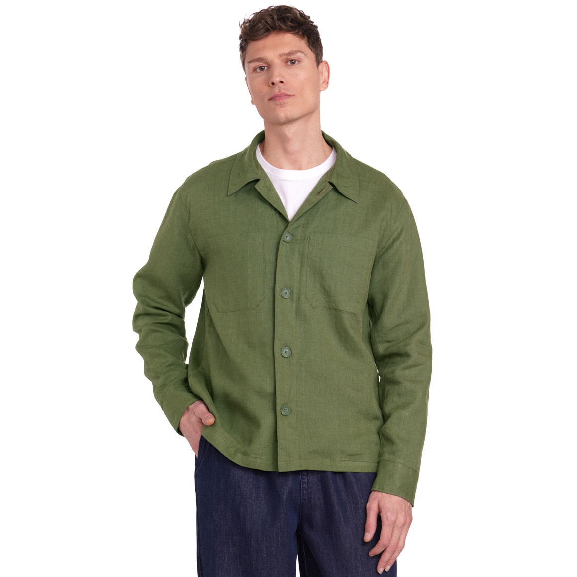 Jonas Nielsen Herren Leinen-Overshirt in Hemd-Optik dunkelgrün