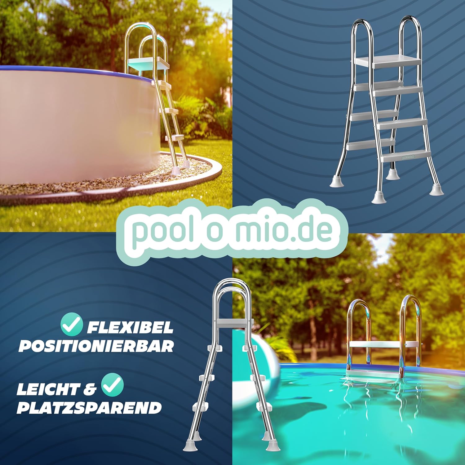 poolomio® Poolleiter Edelstahl mit Handlauf bis 120 cm | Einstiegsleiter mit 3 Stufen für Aufstellpools von 0,9 m bis 1,22 m | sicherer Einstieg, langlebig, stabil | Sicherheitsleiter Traglast 150 kg
