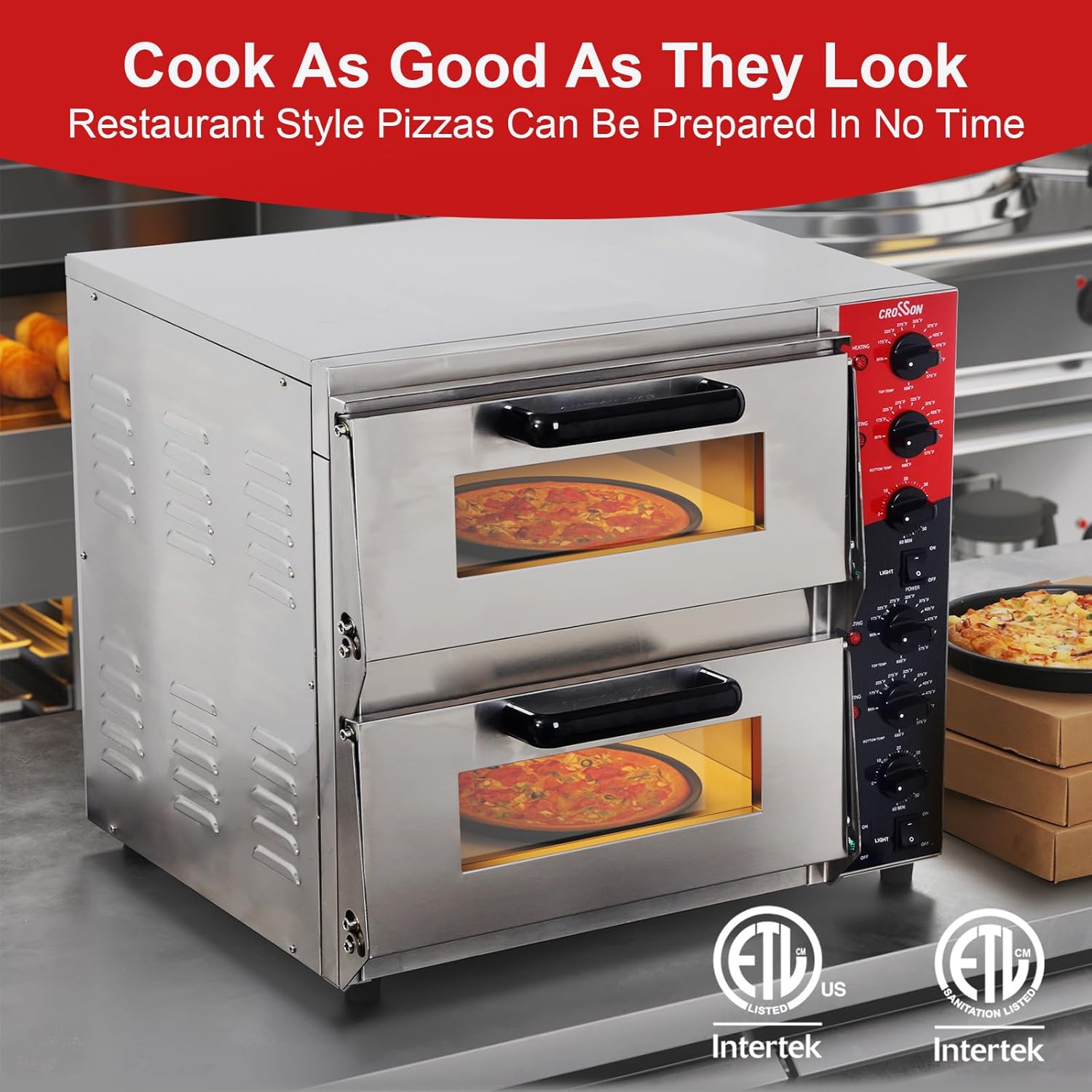 CROSSON Professional Doppel Pizzaofen 4000W,Kommerzieller Pizzabackofen Elektrisch Edelstahl mit 30-Minuten-Timer 350℃ Gastro Steinbackofen für Pizza, Brot und Backwaren