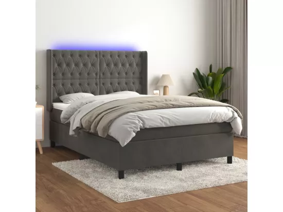 Sommier tapissier matelas et LED Gris foncé 140x190 cm Velours
