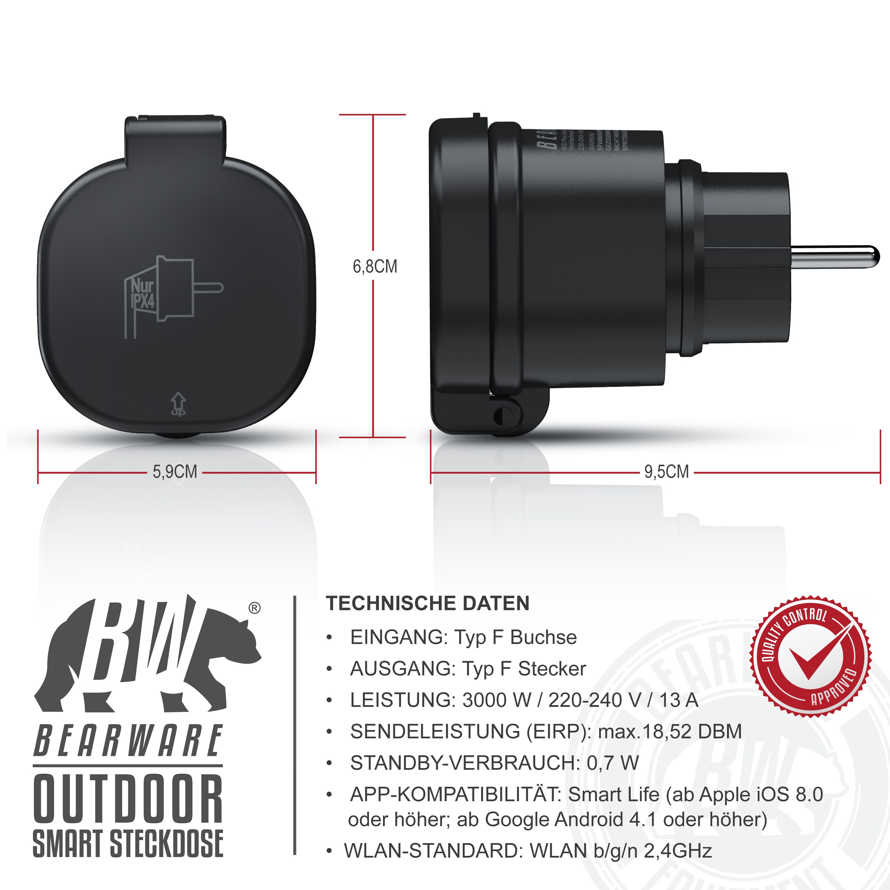 BEARWARE 2x Wifi Outdoor Steckdose 2,4 Ghz WLAN Steuerung per App Smart Life / IP44