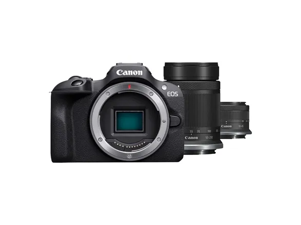 Canon EOS R100 - Digitalkamera - spejlløst - 24.1 MP - APS-C - 4K / 29.97 fps - 2.5x optisk zoom RF-S 18-45 mm F4.5-6.3 IS STM objektiv, 55-210 mm F5.0-7.1 IS STM objektiv - Wi-Fi, Bluetooth - sort