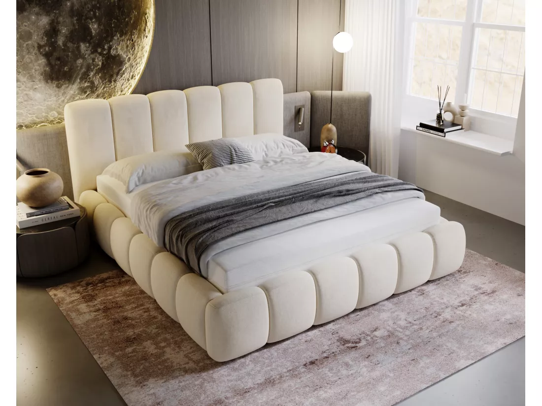 Lit rembourré avec rangement - 160 x 200 - lit double - velours - beige - Cloud