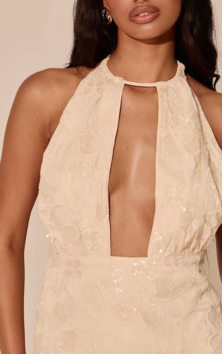 Crème Haut Col Montant À Texture Sequins Et Motif Floral