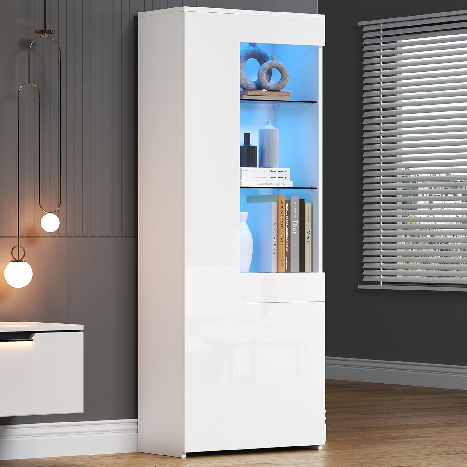 Merax Vitrinenschrank Glasvitrine Vitrine Schrank mit LED-Leuchte, Hochschrank Hochglanz Weiß mit 2 Schrank, Glasboden, Schubladen, Sammlervitrine Bücherregal Standvitrine für Wohnzimmer Büro, 180cm