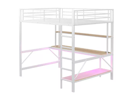 Lit mezzanine 140×200 cm garde-corps escabeau avec usb et prise éclairage d'ambiance étagère à plusieurs niveaux Métal Blanc