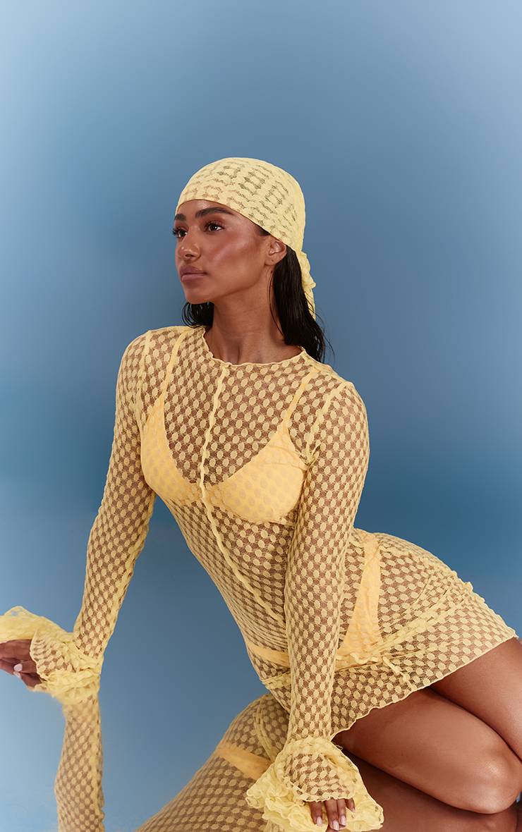 Citron Robe De Plage Mini Transparente Texturée À Manches Évasées