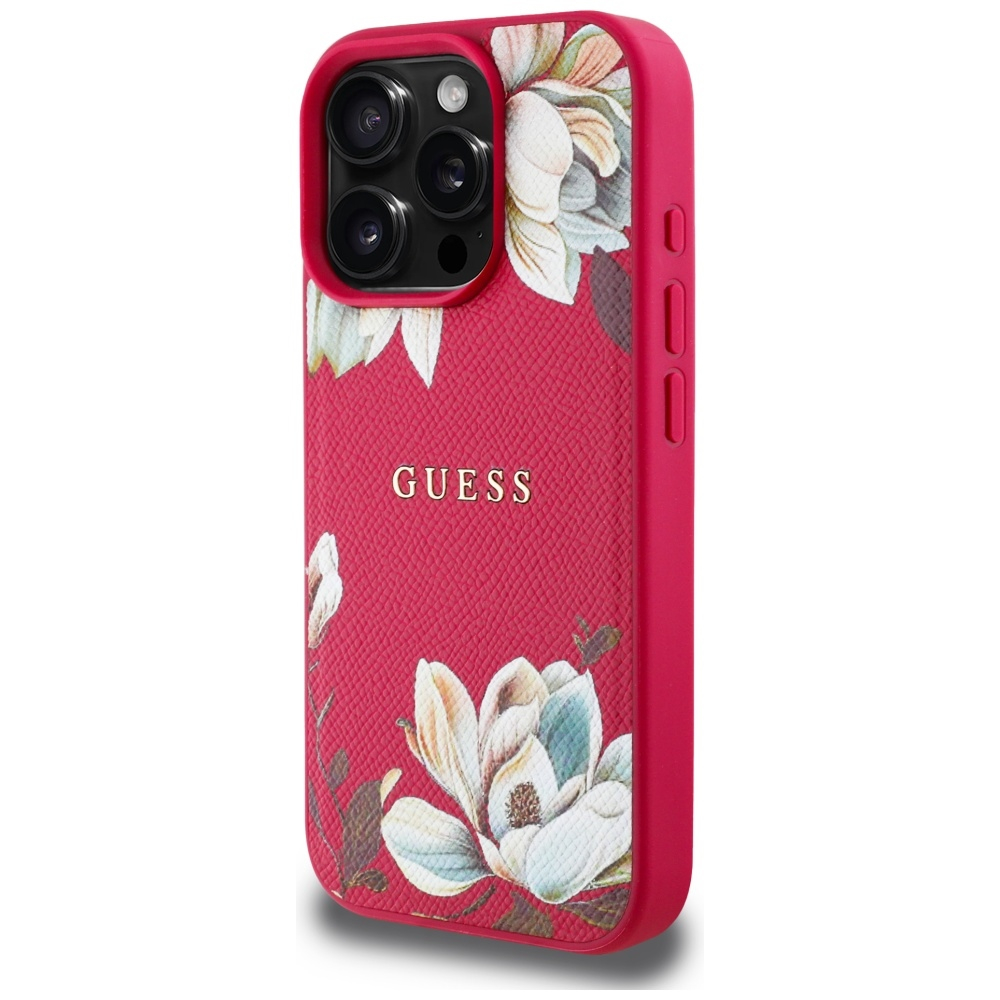 iPhone 16 Pro MagSafe Leder Hardcase Hülle Grained Printed Flower (GUHMP16LPGNMPLMF) - Rot