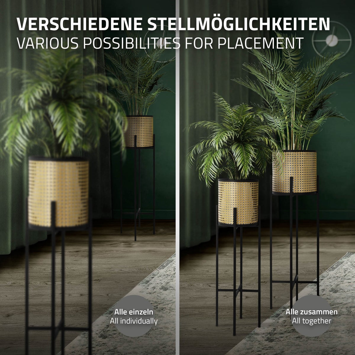 ML-Design Bloemenstandaard 2-delige set zwart-goud 16,5x16,5x80,5 cm/19x19x90 cm, staal, bloempotstandaard met plantenbak, metalen plantenstandaard, 2-delige bloempothouder, bloempot, bloemenkolom, bloemenkruk