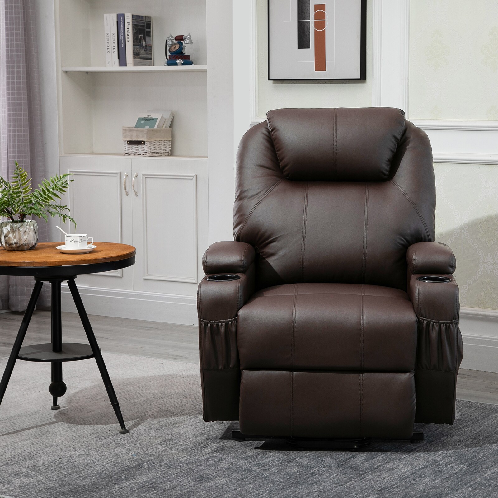 HOMCOM Sessel mit Aufstehhilfe , Trinkbecherhaltern und Seitentaschen braun 84L x 92B x 109H cm
