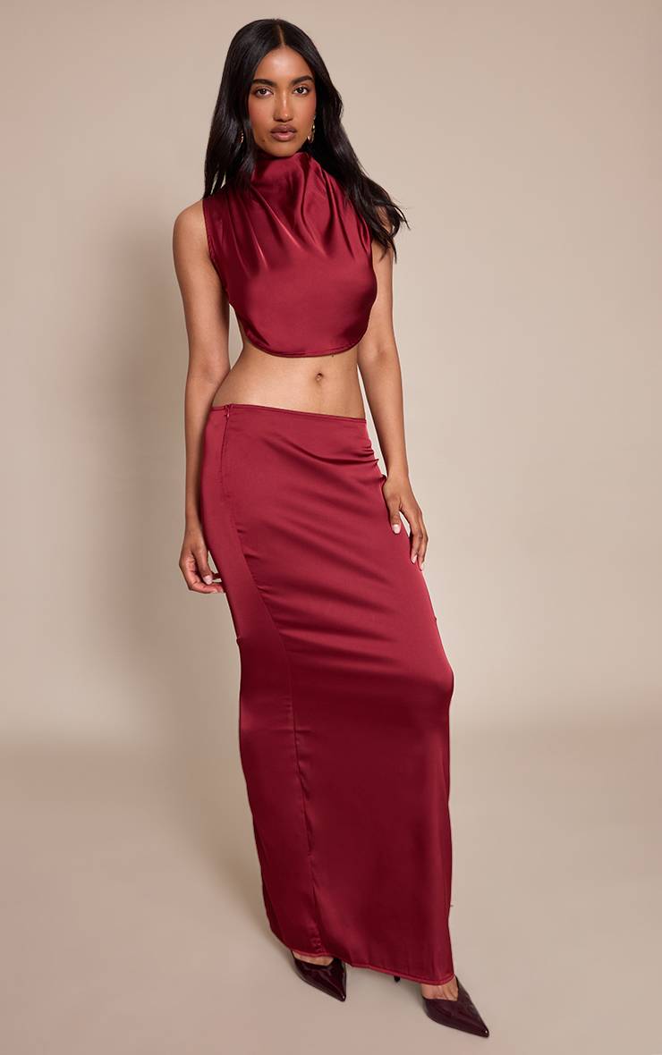 Rouge Bordeaux Jupe Longue Satinée Taille Mi-haute Ensemble Coordonné